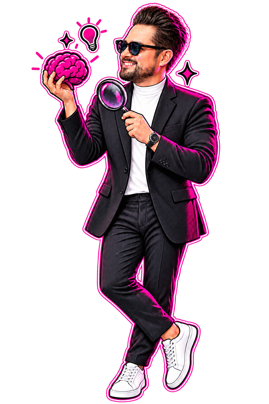 Ilustración completa de Jerry sosteniendo un cerebro y una lupa